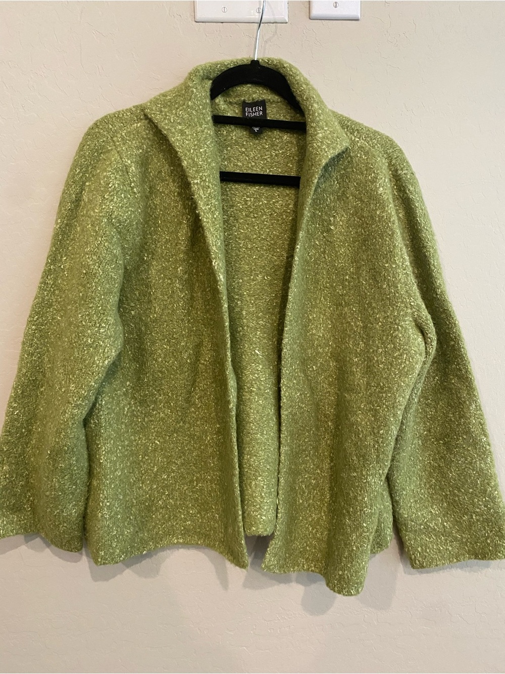 Eileen Fisher Luxury Alpaca Wool Silk Bouclé Knit Cardigan Jacket Green Size L